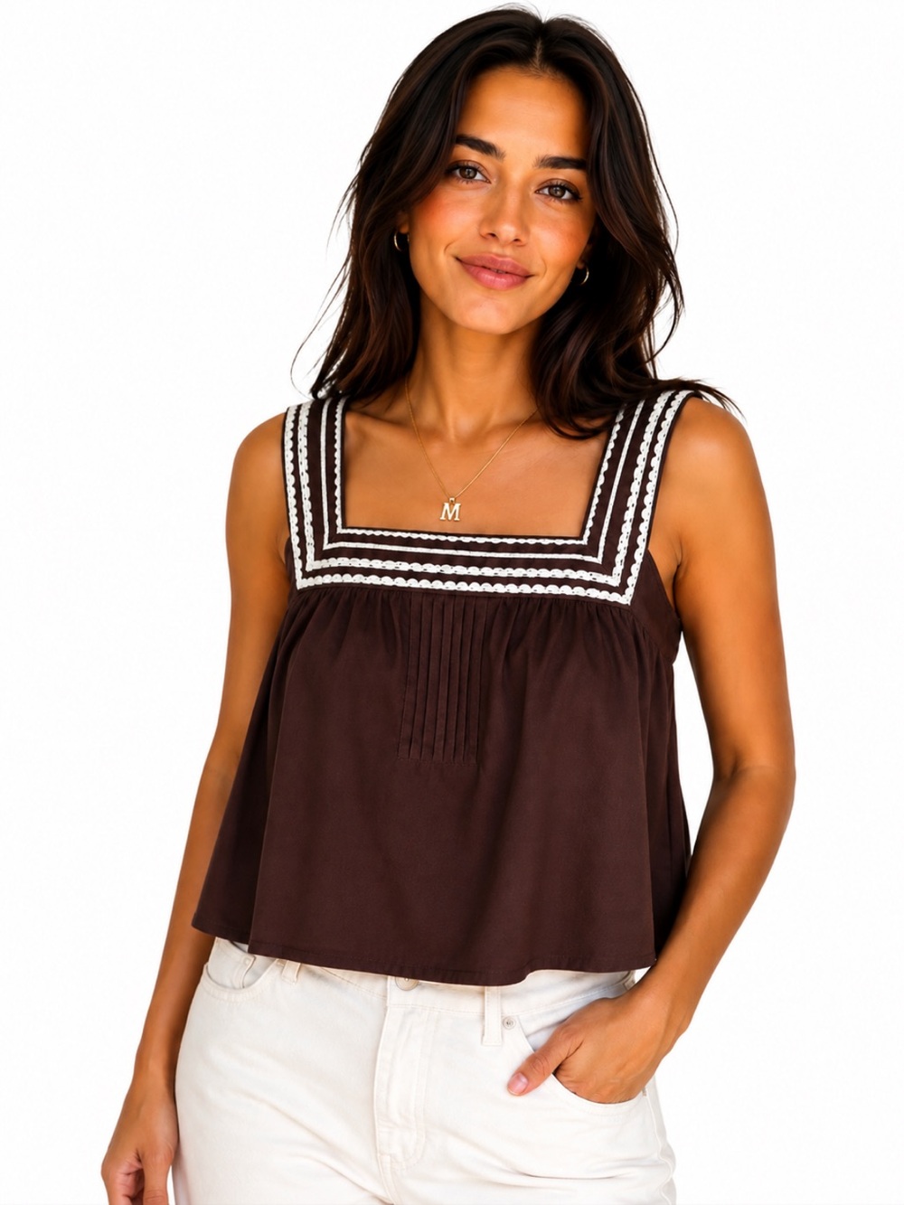 NWT! Caroline Constas Brown Embroidered Square Neck Top Size Medium
